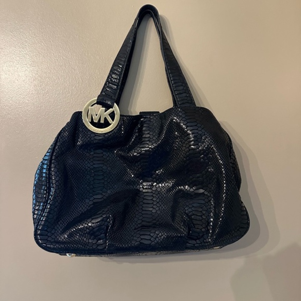 Michael Kors Black Snake Embossed Leather Shoulder Bag Gold MK Logo Tote‎